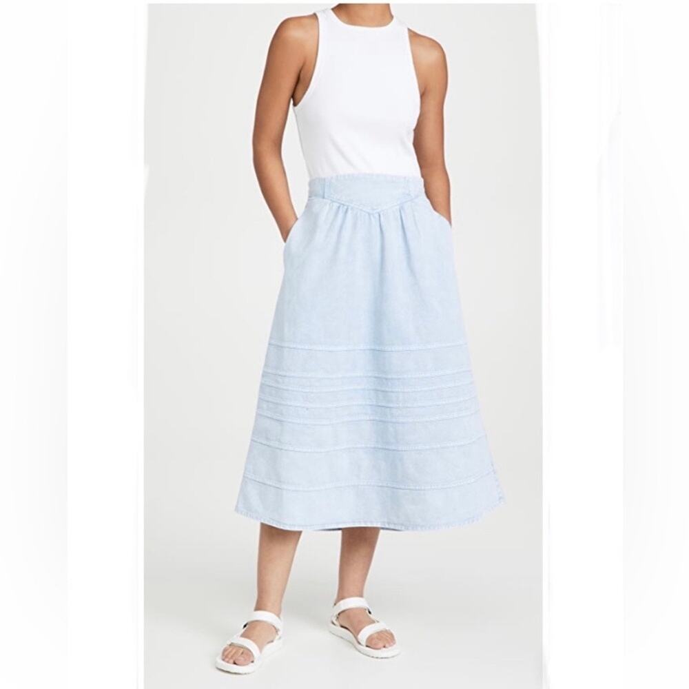 SEA NY Maura basque waist pull on midi denim skirt light blue XS